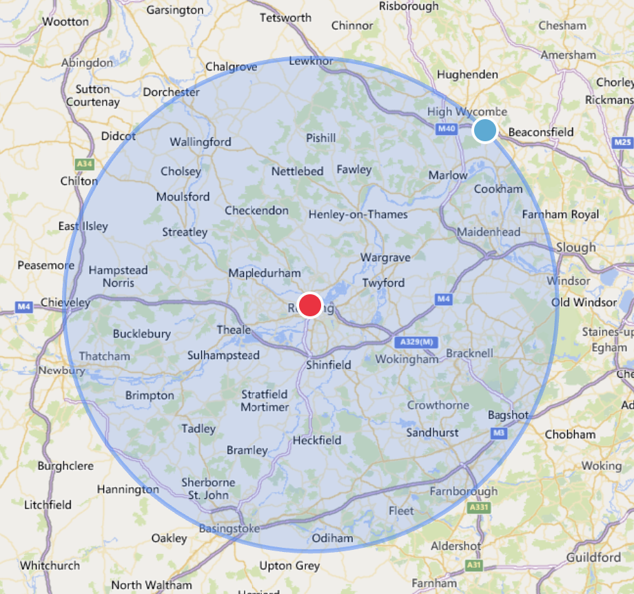 Service area map showing 20km radius around Reading, covering towns including High Wycombe, Maidenhead, Windsor, Bracknell, Wokingham, Basingstoke, and Newbury